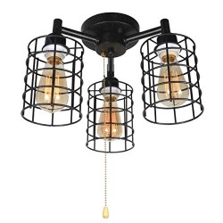 Industrial Ceiling Light With Pull Chain Metal Wire Cage Semi Flush Mount Ceiling Lighting Steampunk Pull String Light Fixture 3 Lights