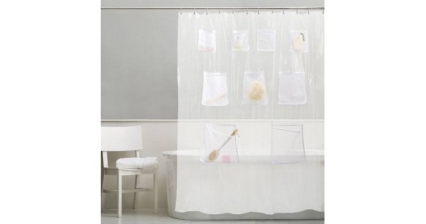 Quick Dry Mesh Pockets Peva Shower Curtain, Bath/shower Organizer，clear+frosted  Shower Curtains