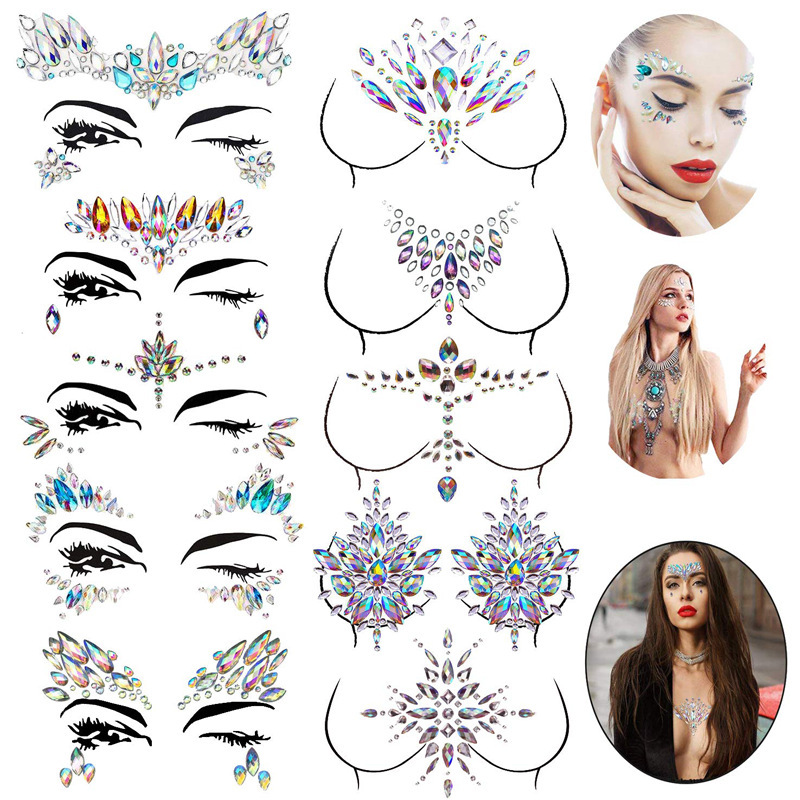  Rhinestone Face Gems Jewels, Festival Face Jewels Tattoo  Stickers, Rave Crystals Body Gems Stick on Face, Body Gem Stones Bindi  Temporary Face Tattoos for Festival Rave, 6-Pack,AB-Color : Beauty 